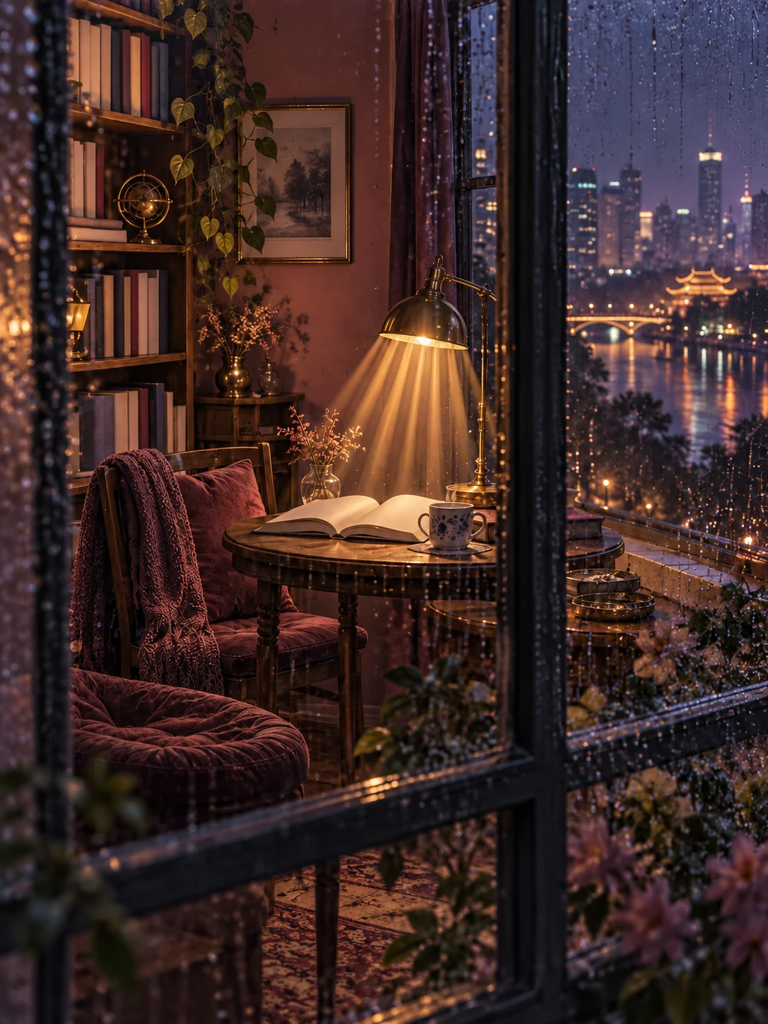 雨夜的小书房里,台灯照亮桌上的书与两把椅子